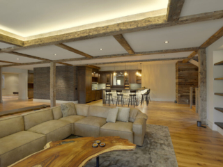 Reclaimed Hand Hewn Beams - Basement Living Room