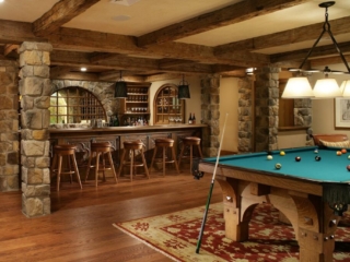 Reclaimed Hand Hewn Beams Ceiling - Basement Bar and Pool Room