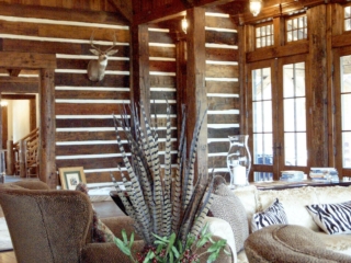 Reclaimed Hand Hewn Beams Siding with Chinking - Living Room