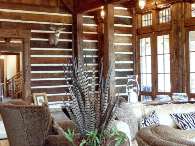 Reclaimed Hand Hewn Beams Siding with Chinking - Living Room