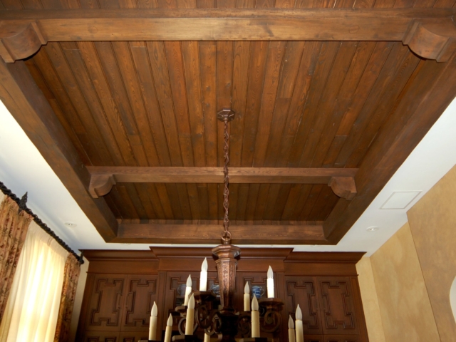 Reclaimed Ash Beams S4S with Corbels and Ceiling Planking - Dining Room
