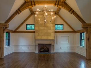 Reclaimed White Oak S4S Rafters, Brackets, Posts with Metal Straps - Living Room