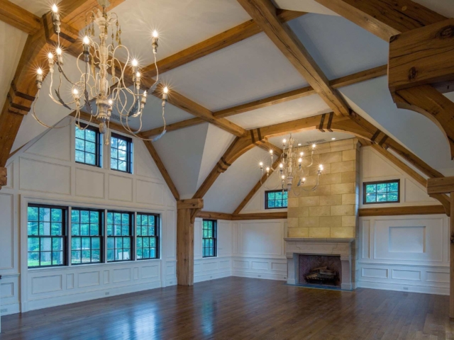 Reclaimed White Oak S4S Rafters, Brackets, Posts with Metal Straps - Living Room