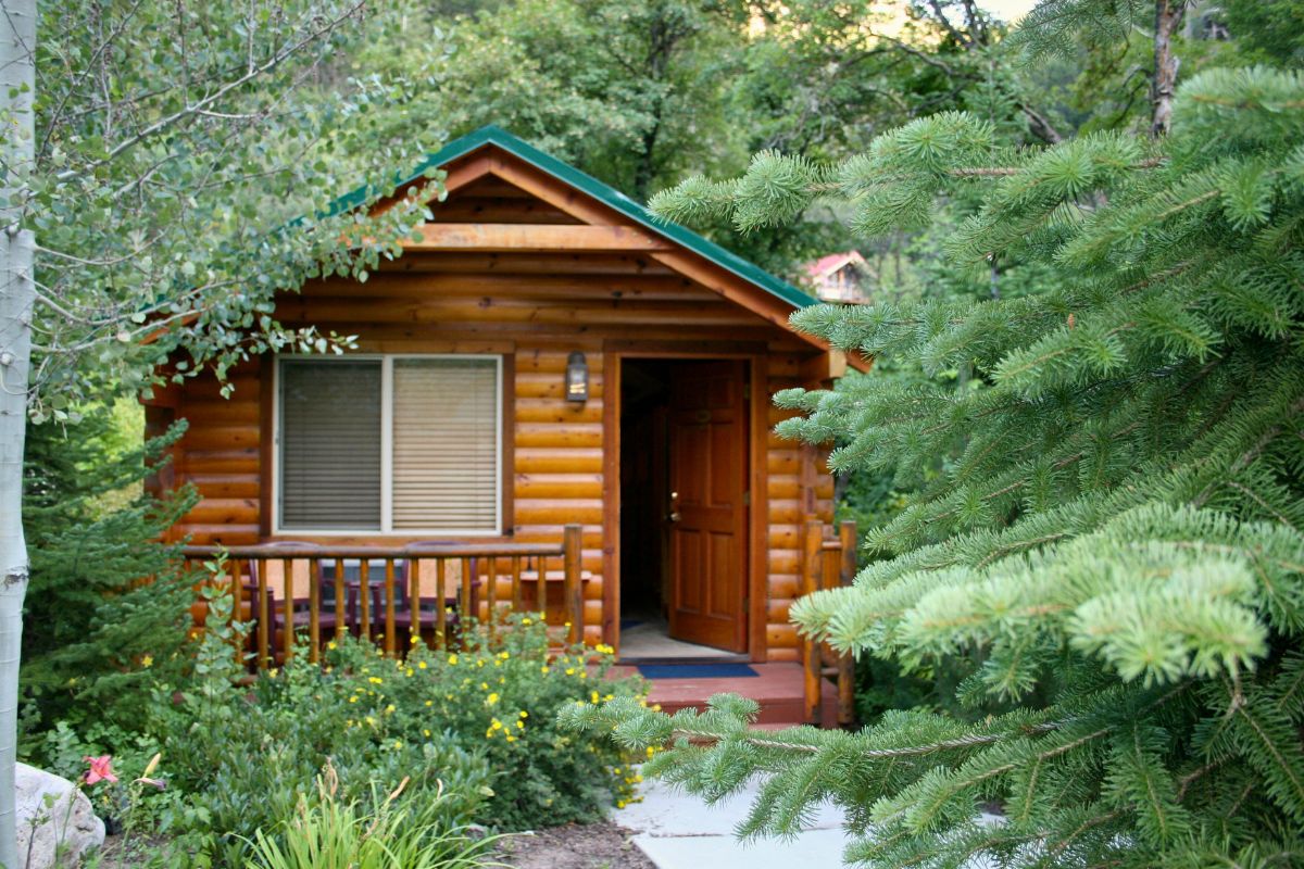 Charming finished log cabin with green roof, wooden front door open, and cozy porch surrounded by pine trees and flowers – an inviting example of log cabin kits under 5000 fully assembled.