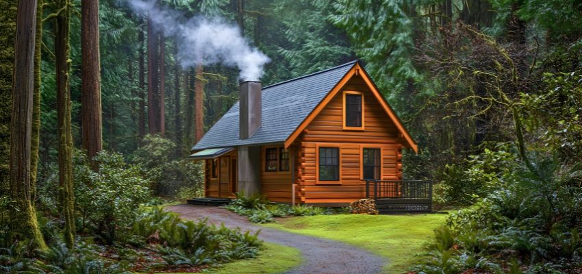 Beautiful completed tiny log cabin surrounded by tall trees with smoke rising from the chimney, built using one of the best log cabin kits under 5000 for a perfect woodland retreat.