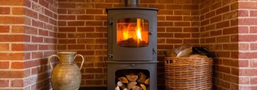 A freestanding wood stove installed in a fireplace.