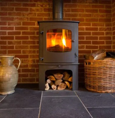 A freestanding wood stove.