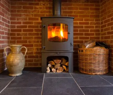 A freestanding wood stove.