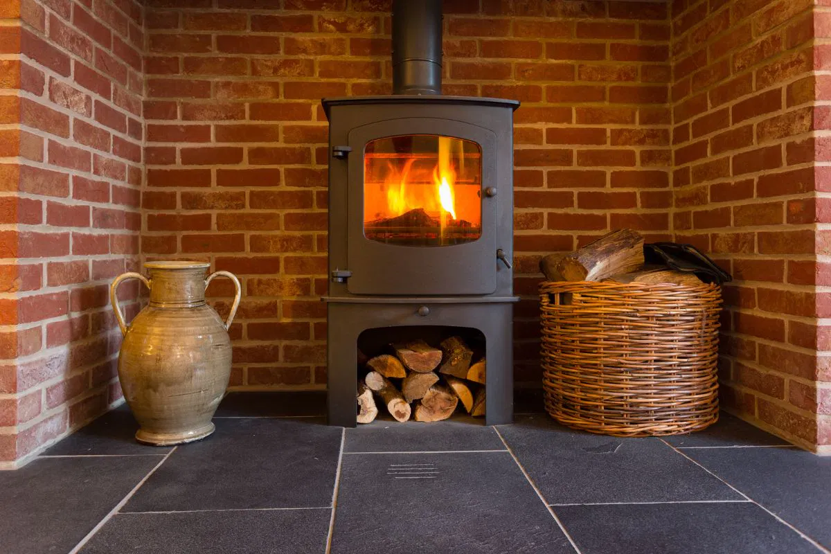 A freestanding wood stove.