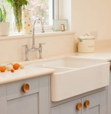 A beautiful farmhouse sink in a white kitchen.