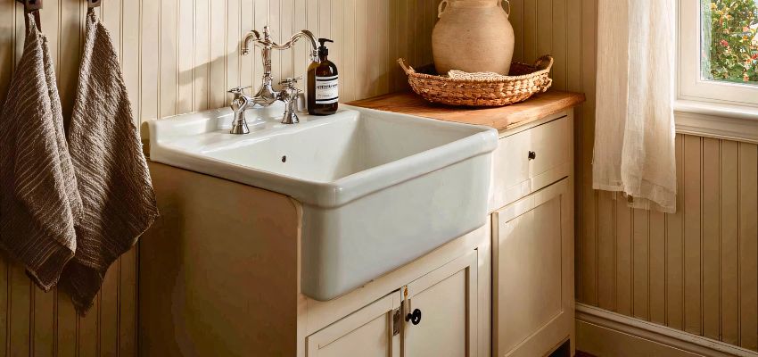 Classic white farmhouse sink with vintage-style chrome bridge faucet in a cozy beige paneled room, paired with hanging linen towels and rustic decor – a timeless choice for farmhouse sinks.