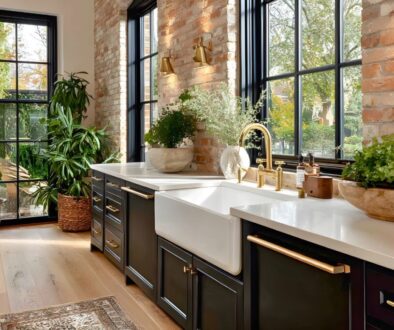 Spacious white farmhouse sink with gold bridge faucet on a bright quartz countertop, accented by lush green plants, exposed brick walls, black-framed windows, and dark cabinetry – perfect example of stylish farmhouse sinks in contemporary homes.