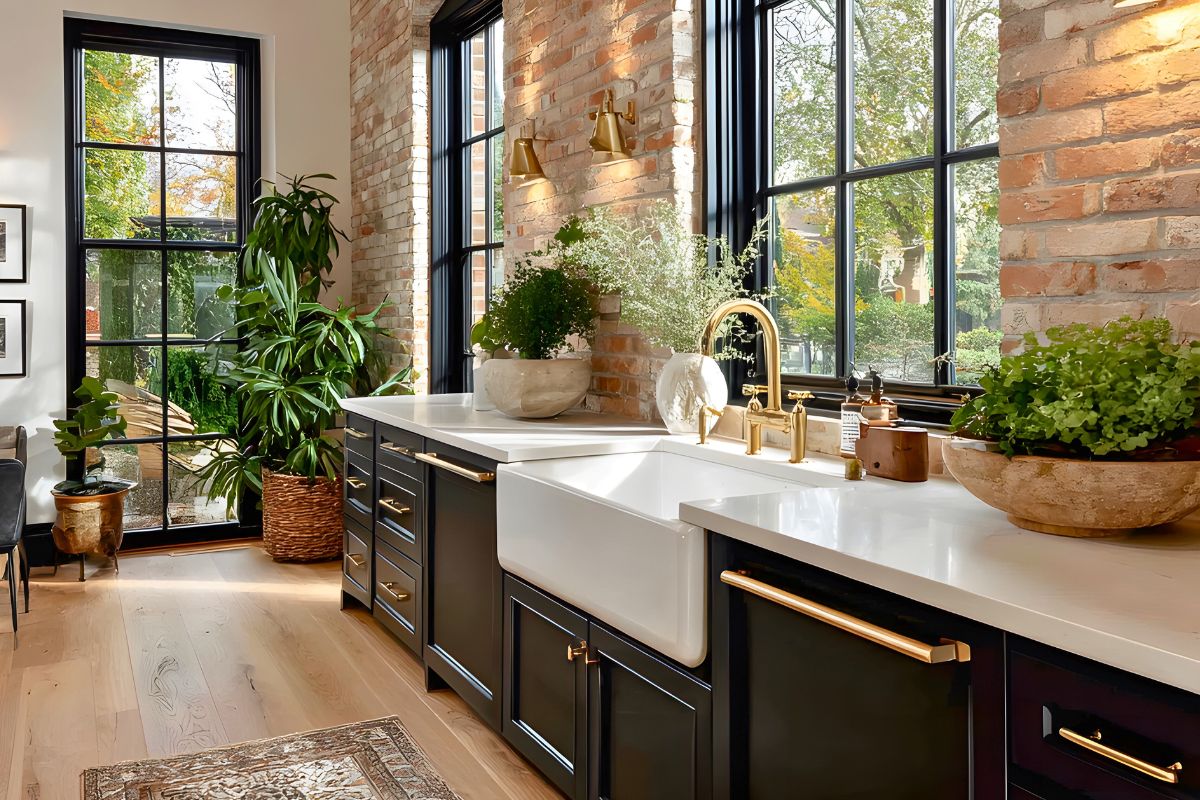 Spacious white farmhouse sink with gold bridge faucet on a bright quartz countertop, accented by lush green plants, exposed brick walls, black-framed windows, and dark cabinetry – perfect example of stylish farmhouse sinks in contemporary homes.