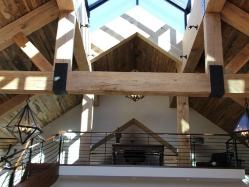 Non Structural Retro Fit trusses with exposed metal plates
Material: Hit or miss sanded Reclaimed Red Oak beams