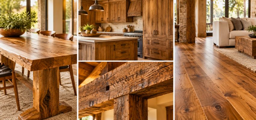 Warm wood dining table, cabinetry, beams, and flooring showcasing stylish uses of solid wood.