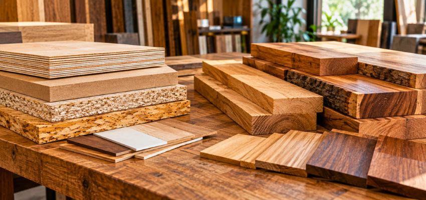 Stacks of plywood, particleboard, and lumber samples highlighting different types of manufactured wood.