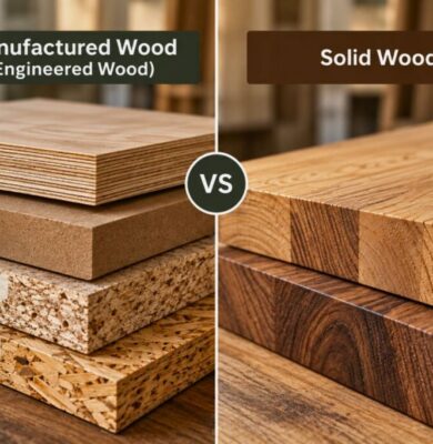 Side-by-side comparison of manufactured wood layers versus solid wood boards.