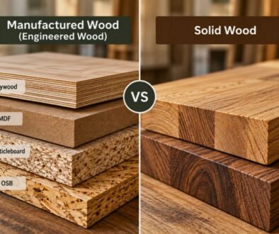 Side-by-side comparison of manufactured wood layers versus solid wood boards.