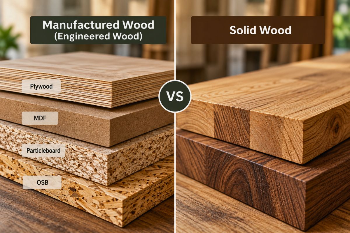 Side-by-side comparison of manufactured wood layers versus solid wood boards.