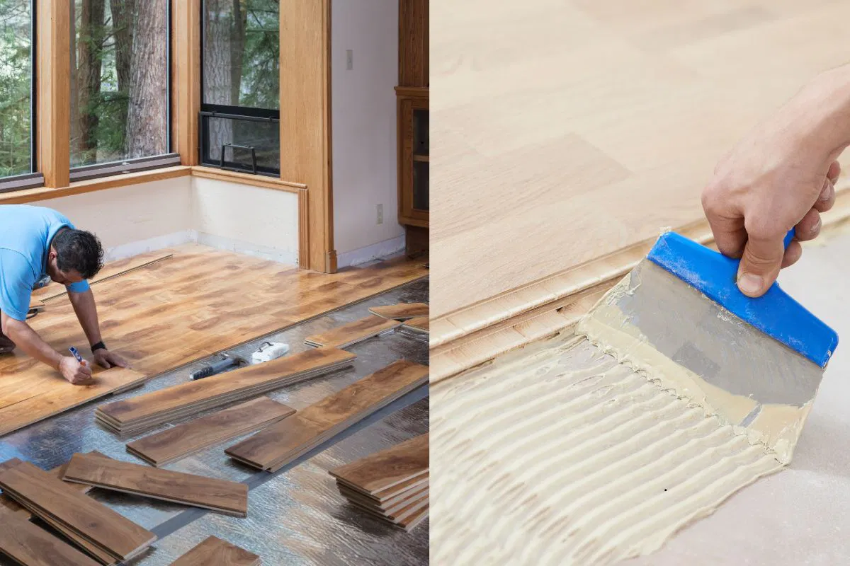 Two professionals used different flooring installations, floating wood floor and glued-down flooring.
