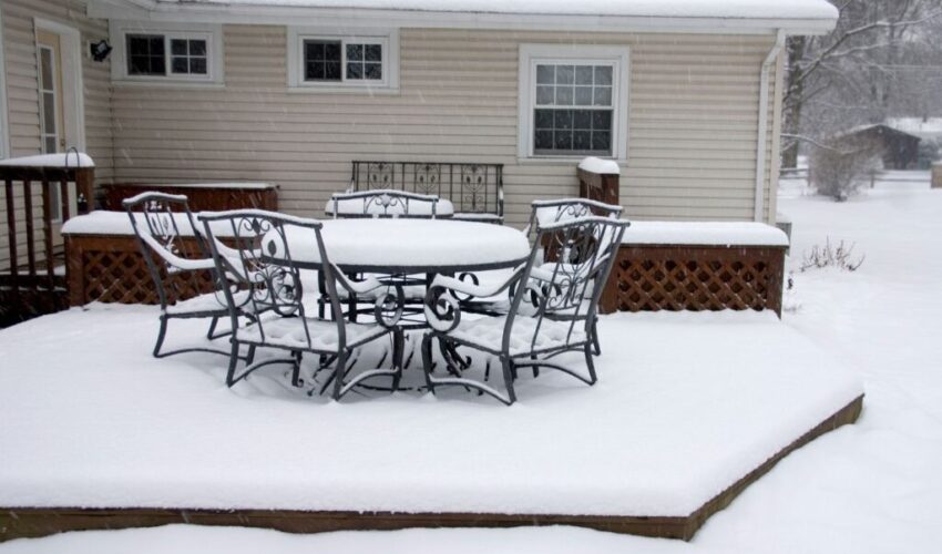 A homeowner plans to use ice melt for a snow-filled wood deck.