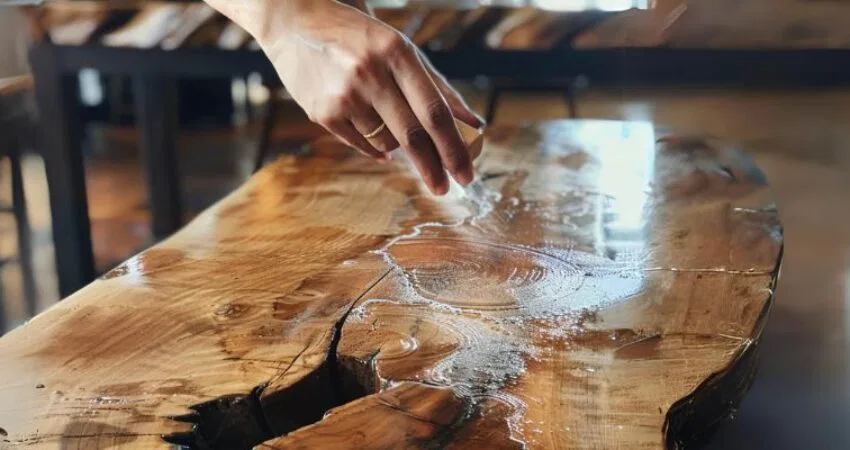 The woman cleans the sticky wooden table using simple household items.