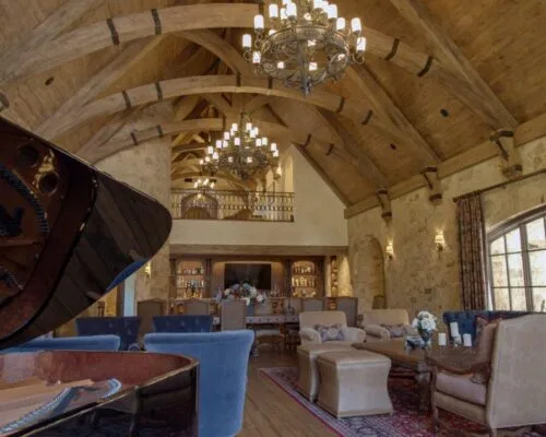 reclaimed white oak S4S beams in a living room.