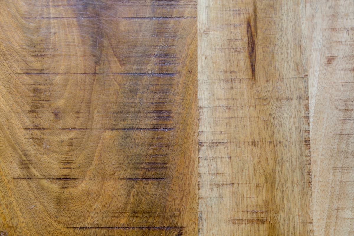 A close-up shot of the mango wood veneered panels.