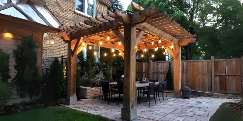 A pergola made of rustic wood and strung with Edison bulbs creates a warm and inviting setting for evening social gatherings.