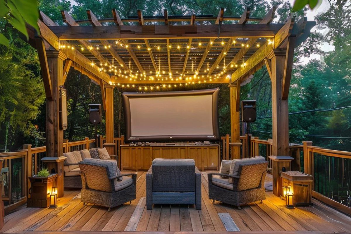 Turn your deck into an outdoor cinema with a pergola that features an outdoor movie theater setup. This will provide a unique and immersive movie-watching experience under the stars.