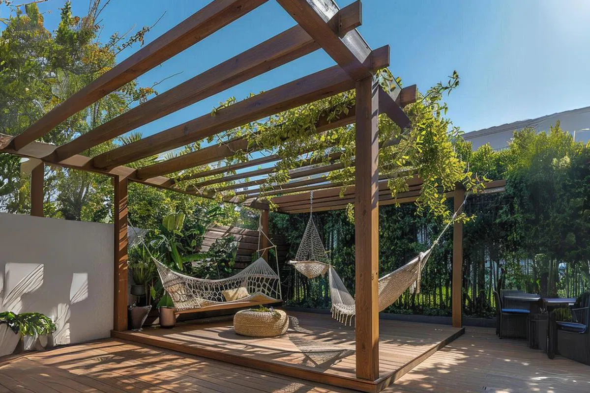 Create a peaceful retreat with a pergola that features swinging hammock chairs. These chairs offer a comfortable and relaxing spot to unwind and enjoy the outdoors.