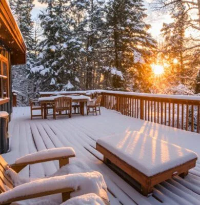 The wooden deck is full of snow.