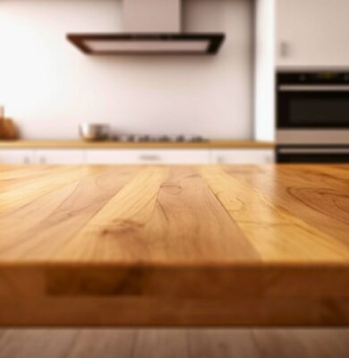 Close-up view of the best wood for countertops with a smooth polished finish in a modern kitchen