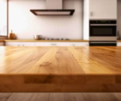 Close-up view of the best wood for countertops with a smooth polished finish in a modern kitchen