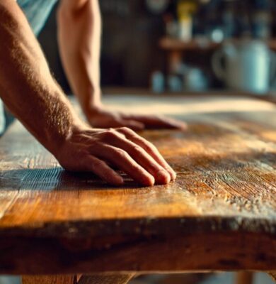 Man inspecting the surface of a wooden table to understand wood putty vs wood filler applications.