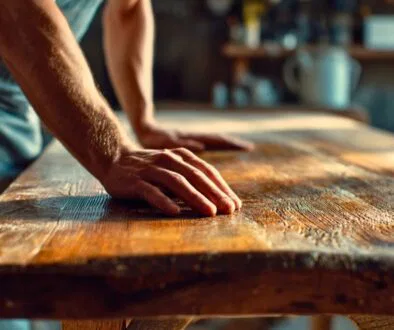 Man inspecting the surface of a wooden table to understand wood putty vs wood filler applications.