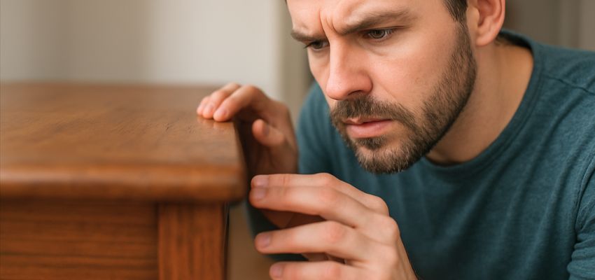 Man checking the surface of a wood cabinet while considering wood putty vs wood filler usage.