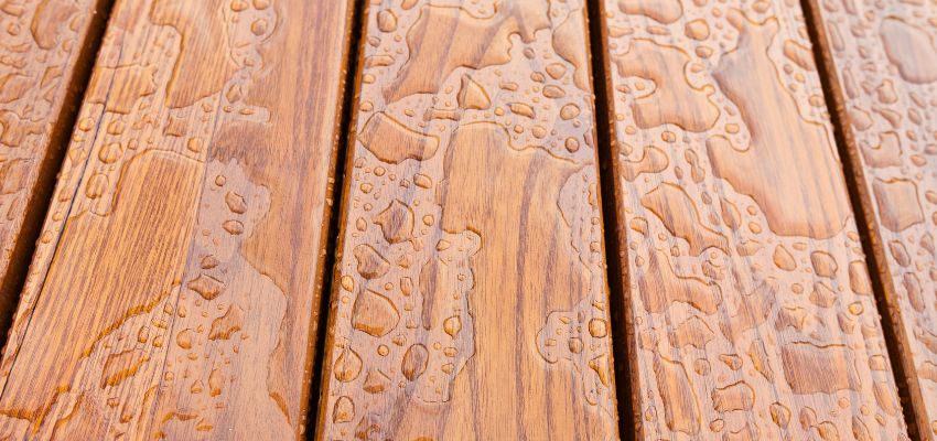 Water beads on treated wood surface demonstrating the protective effect of wood sealer