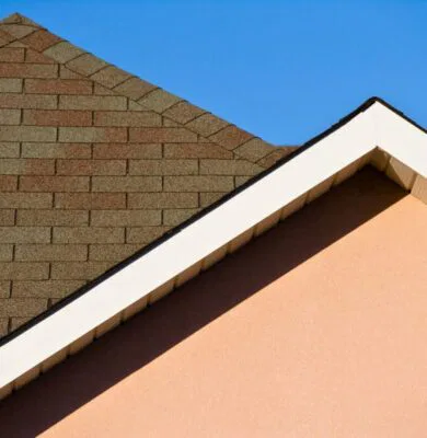 Close-up of a house roof with asphalt shingles under clear sky demonstrating the minimum roof pitch for effective water runoff.