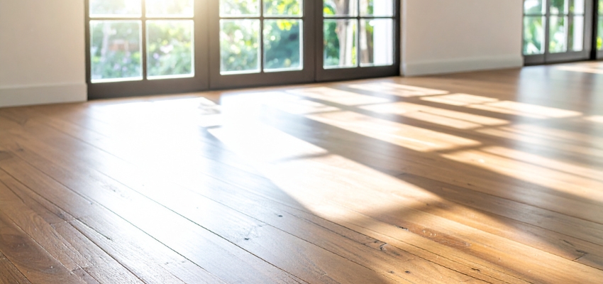 Bright, sunlit room featuring beautiful light wood floor colors with natural grain patterns and warm reflections from large windows