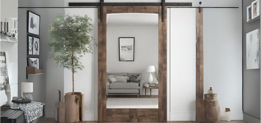 A mirrored barn door is basically a barn door frame with a mirror at its center.