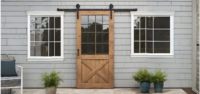 As the name suggests, a windowpane barn door features the frame of a barn door and a windowpane at its center.