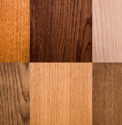 Close-up grid of various wood grain patterns and finishes, useful for wood floor identification and matching.