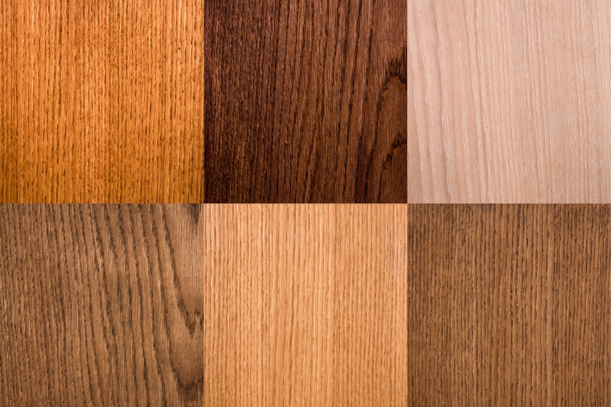 Close-up grid of various wood grain patterns and finishes, useful for wood floor identification and matching.
