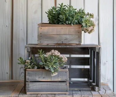 A wood crate that is used for plants.