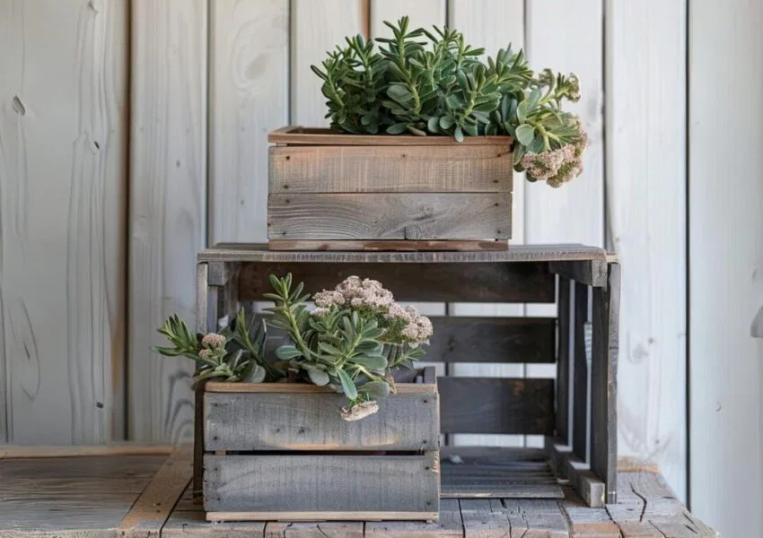 A wood crate that is used for plants.