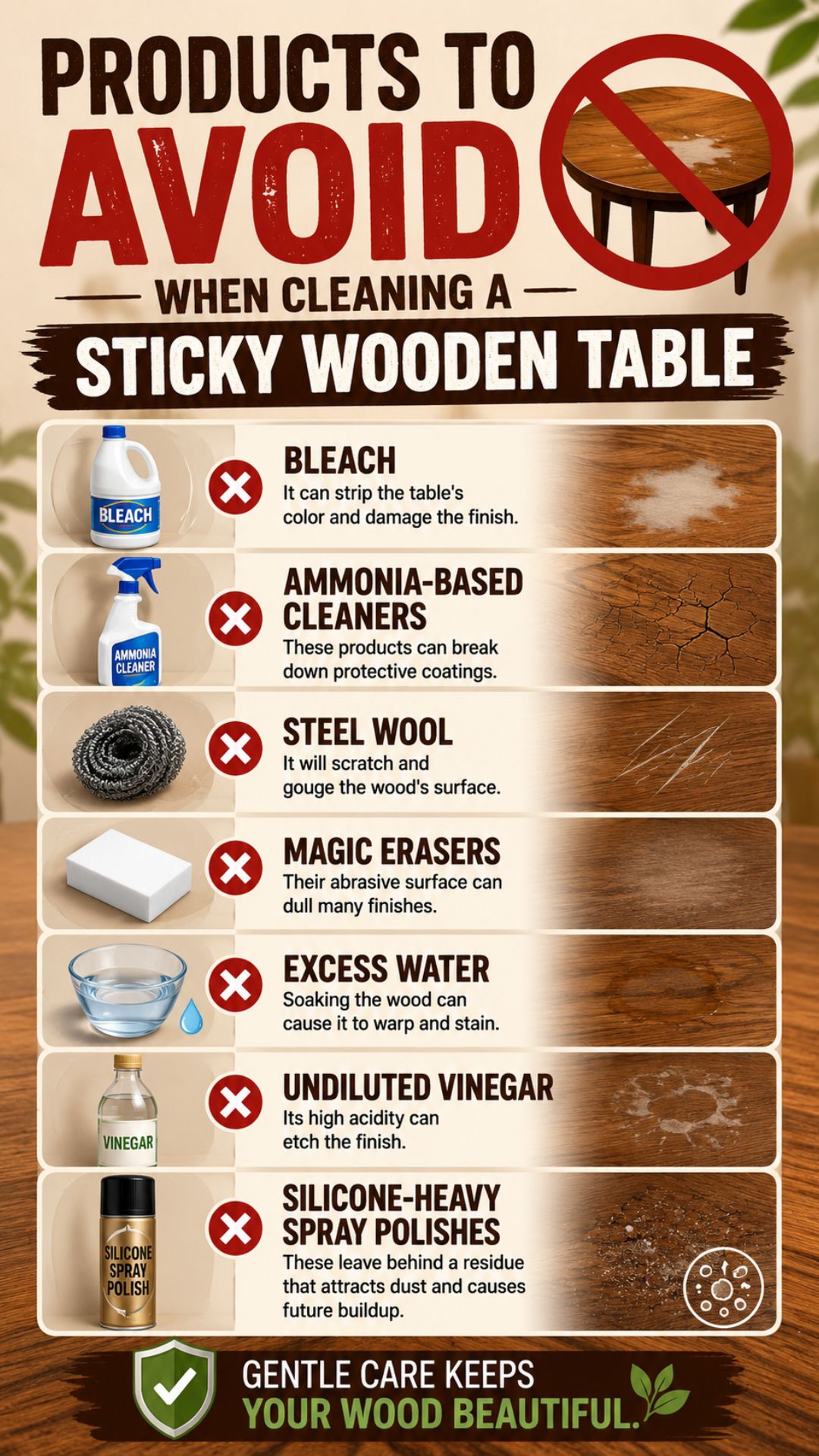 Informative guide showing products to avoid when cleaning a sticky wooden table, with examples of potential damage to the finish.