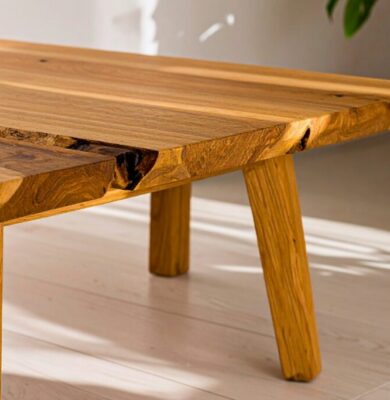 Beautiful clean wooden table with natural live edge, the desired result after learning how to clean a sticky wooden table properly.