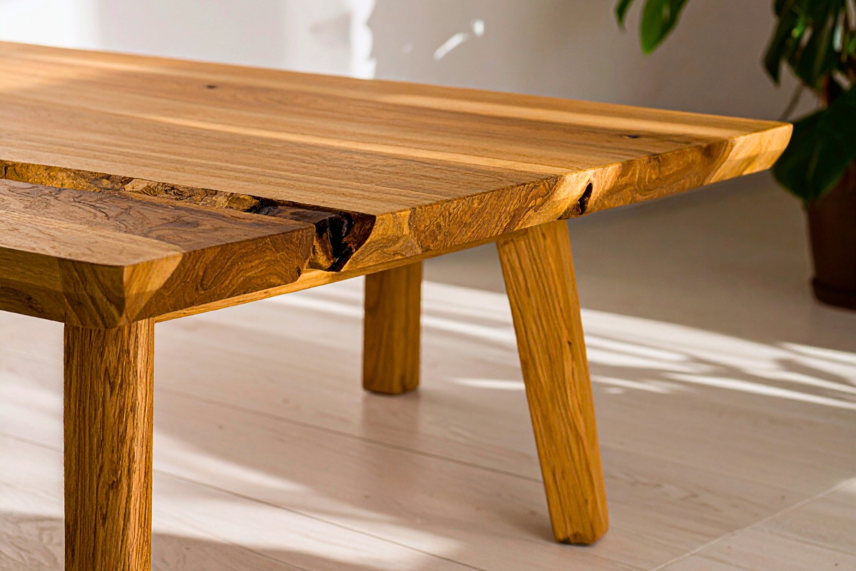 Beautiful clean wooden table with natural live edge, the desired result after learning how to clean a sticky wooden table properly.