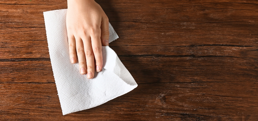 Hand gently wiping a dark wooden table with a paper towel, illustrating a gentle method for how to clean a sticky wooden table.